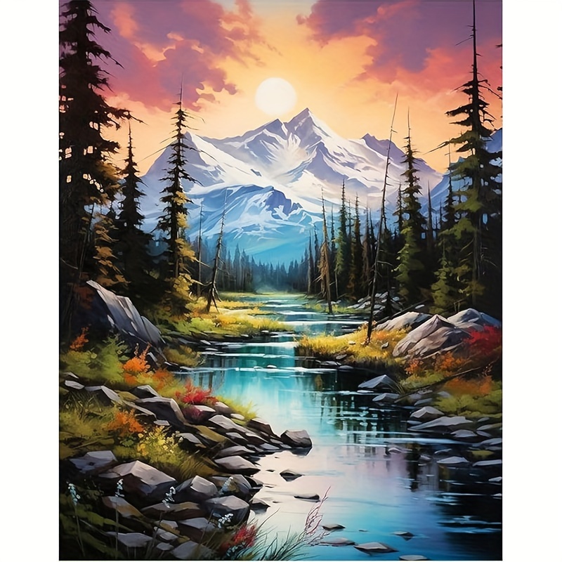 

5d Diy Mountain Sunset Stream Diamond Painting Kit For Adults Beginners – Round Acrylic Diamonds Full Drill Landscape Art Home Decor & Gift – 1 Piece