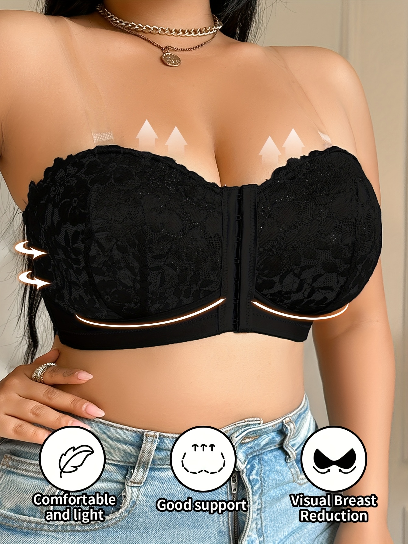 Plus Size Front Closure Strapless Lace Bra for Women - Floral Print Adjustable Comfort Fit, No Underwire & Non-Detachable Padded Cups, Sexy Elegant Design for Everyday & Special Occasions, Strapless Bra, Evening Wear Accessory, Offshoulder Lingerie, Wirefree Construction, Comfortable Lingerie, Breathable Material, Fashion Lovers