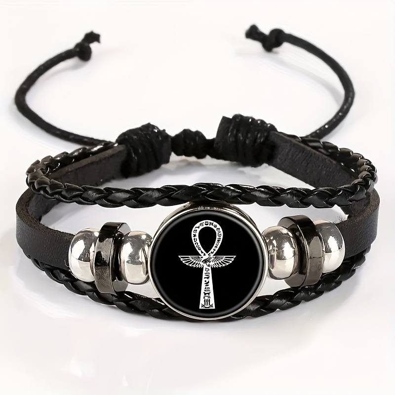 TEMU Unisex Vintage Egyptian Ankh Symbol Braided Faux Leather Bracelet, Adjustable Faux Leather Wristband, Stylish Everyday Accessory, For Him Or Her