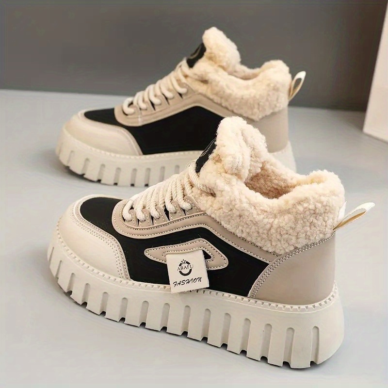 Image of Trendy Brand White Shoes, Women's Winter Style Plush-lined Thickened Flat Shoes, Casual Sneakers For Students, Women Shoes