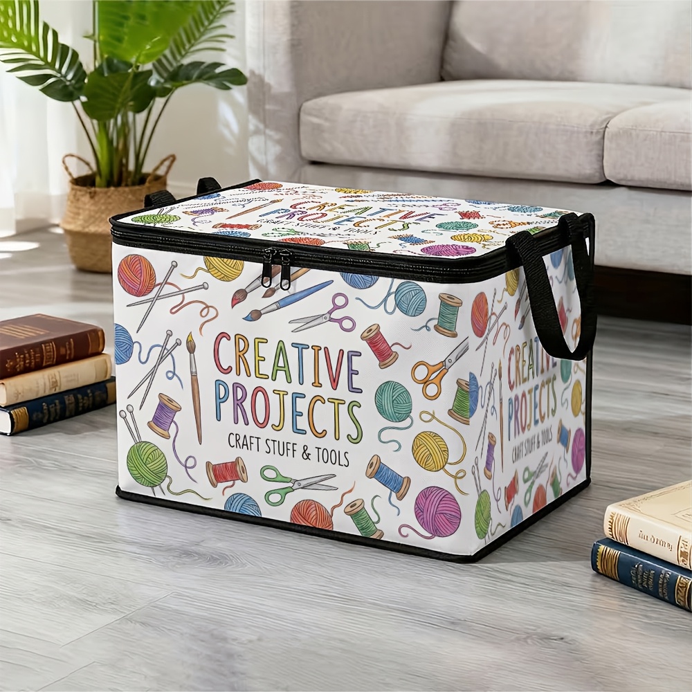 TEMU 1pc Zipper Lid Storage Box Watercolor With Craft Yarn Pattern, Large Capacity, Foldable, Multiple Sizes , Ideal For Organizing Seasonal