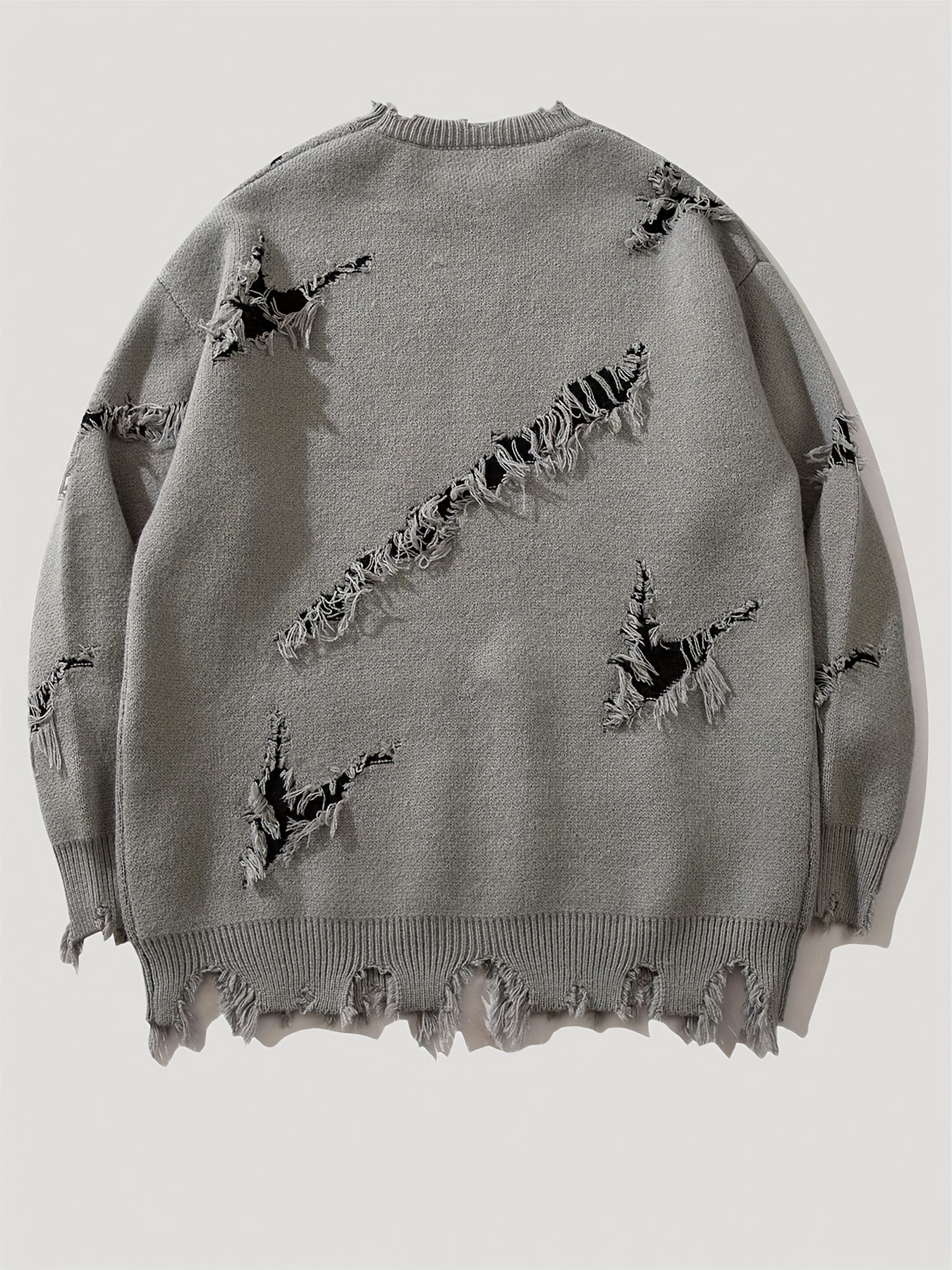 Men'S Casual Crew Neck Knit Sweater with Artistic Graffiti Portrait | Loose Fit, Ripped Details, Long Sleeve, Comfortable Texture for Fall/Winter - Image 8