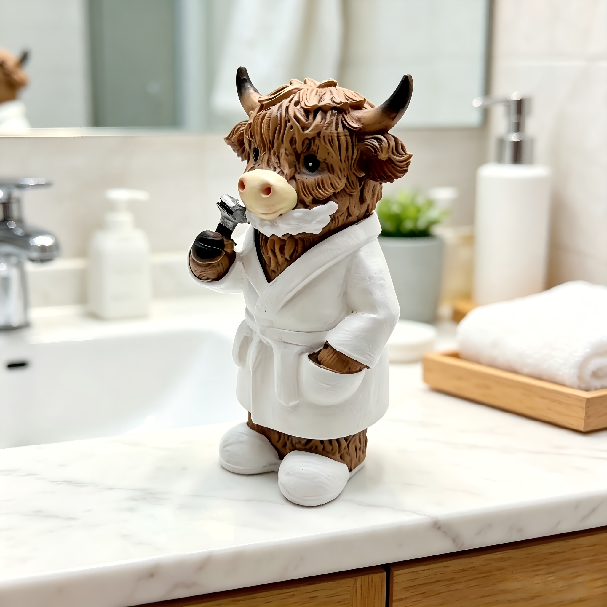 TEMU A Highland Cow Resin Figurine For Shaving In A Bathrobe, Creative Bathroom Desktop Decoration, Cute Animal Craft, Home Statue Ornament