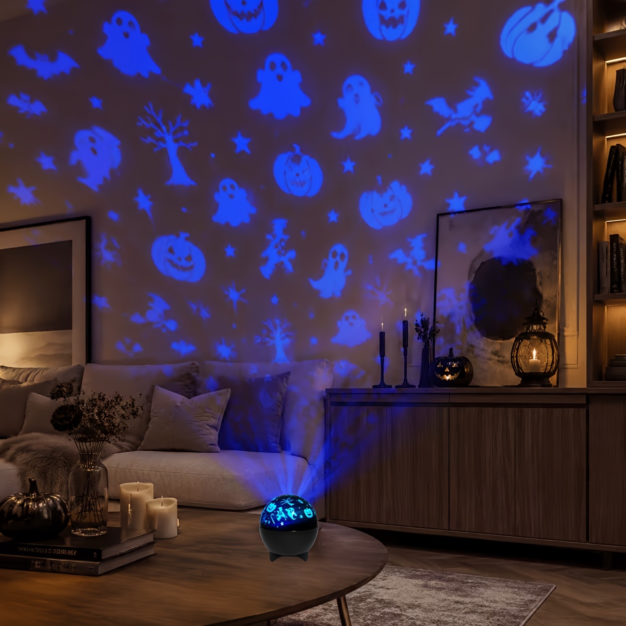 TEMU Lampada a LED da 1 con di zucca, pipistrello, ragno e stella, luce proiettore decorativa multicolore alimentata via USB per decorazioni interne,