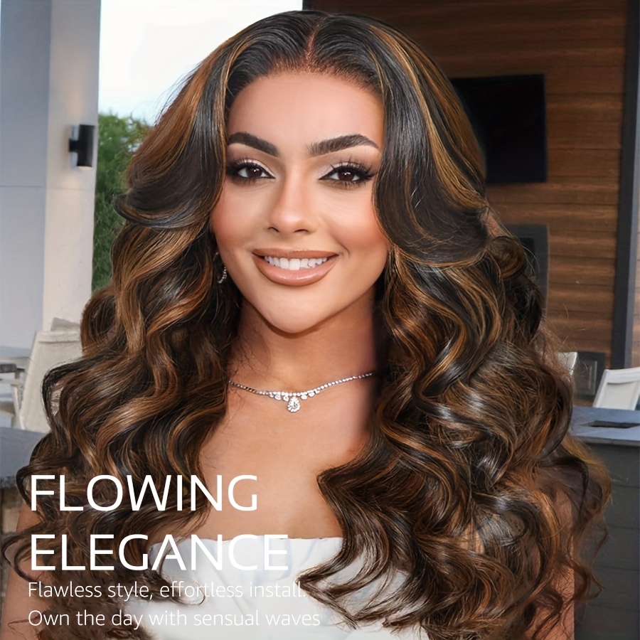 5x5 glueless lace front wig with brown highlights   loose body wave human hair wig 200 density long black hairpiece for women   natural look wig accessories versatile hairpiece pre  hairline Product details 2