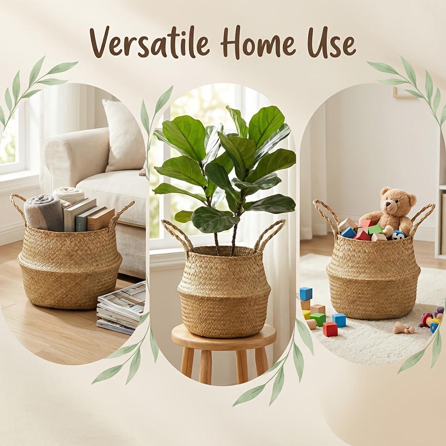 3 cestas de almacenamiento de hierba marina | Soportes vintage tejidos para macetas con asas para picnic, supermercado, lavandería, cestas para estantes