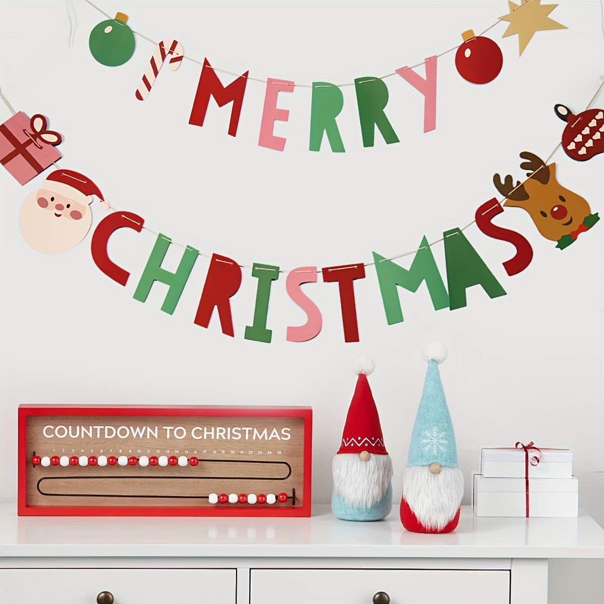 Image of 2pcs Set, New Santa Claus Thickened Paper Pennant Flags, Christmas Letter Banner, Party Supplies, Wall Decor, Photo Backdrop Banner