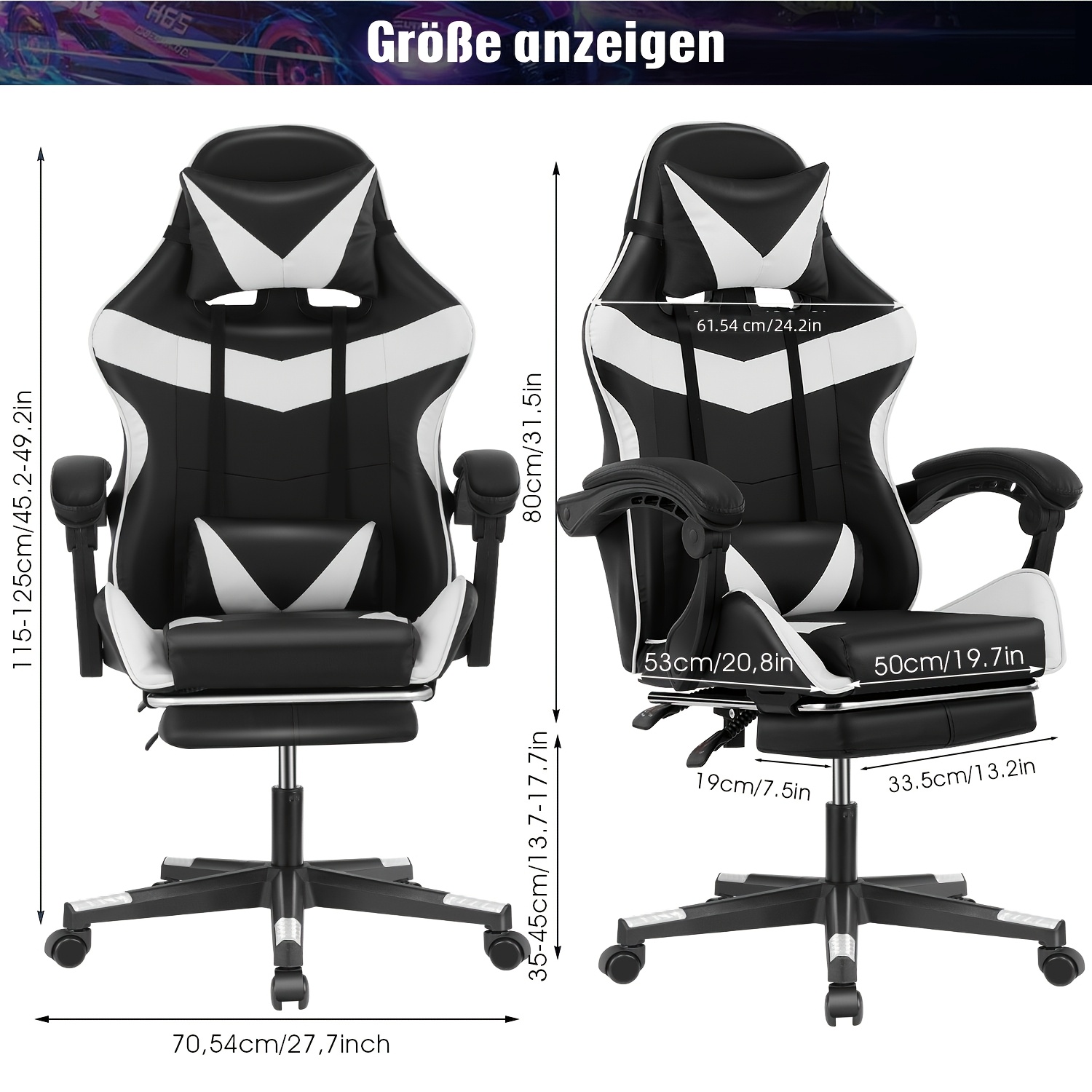 Gaming Chair With Footrest, Ergonomic Gaming Chair, Computer Chair With Lumbar Support, , Height Adjustable Pc Chairs With 360°-swivel Seat For Office Or Gaming
