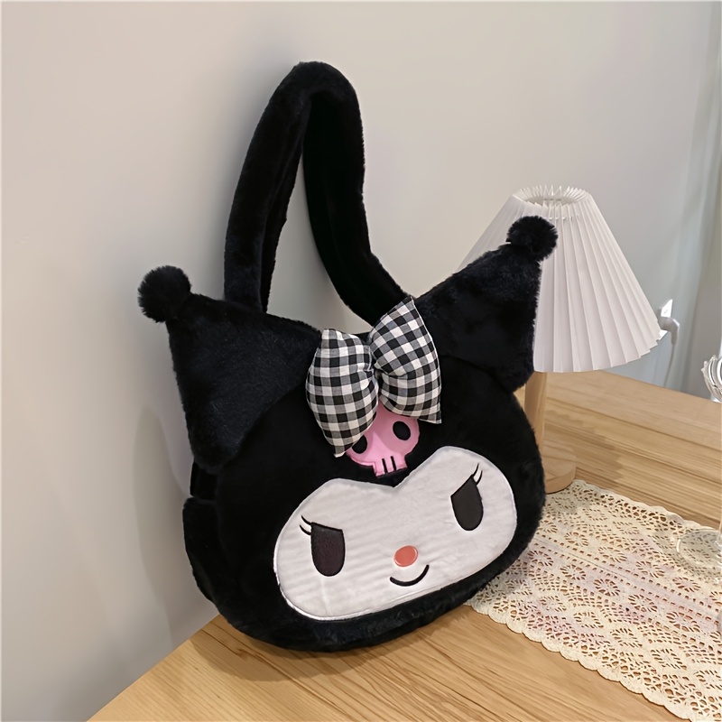 Image of Kuromi Plush Shoulder Bag - Cute Black With White Face & Pink Checkered Pants, Synthetic Bag For Anime Fans, Perfect Gift For Collectors And Powers, Kawaii Bag