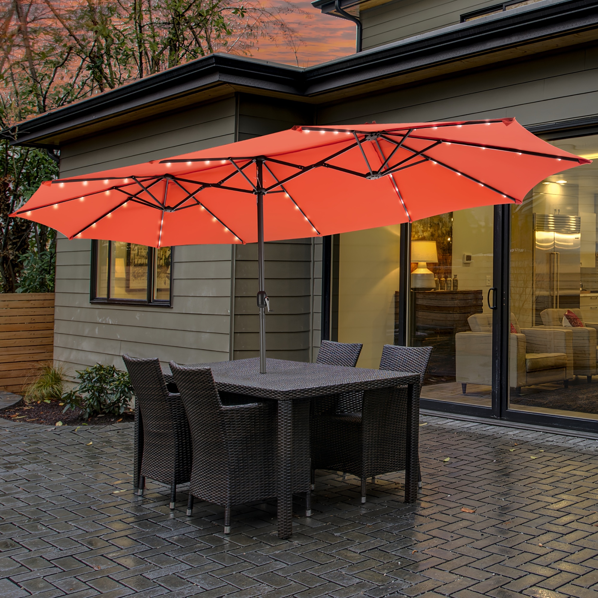 

Costway 15ft Twin Patio Double-sided Umbrella 48 Solar Led Lights Crank Outdoor Orange