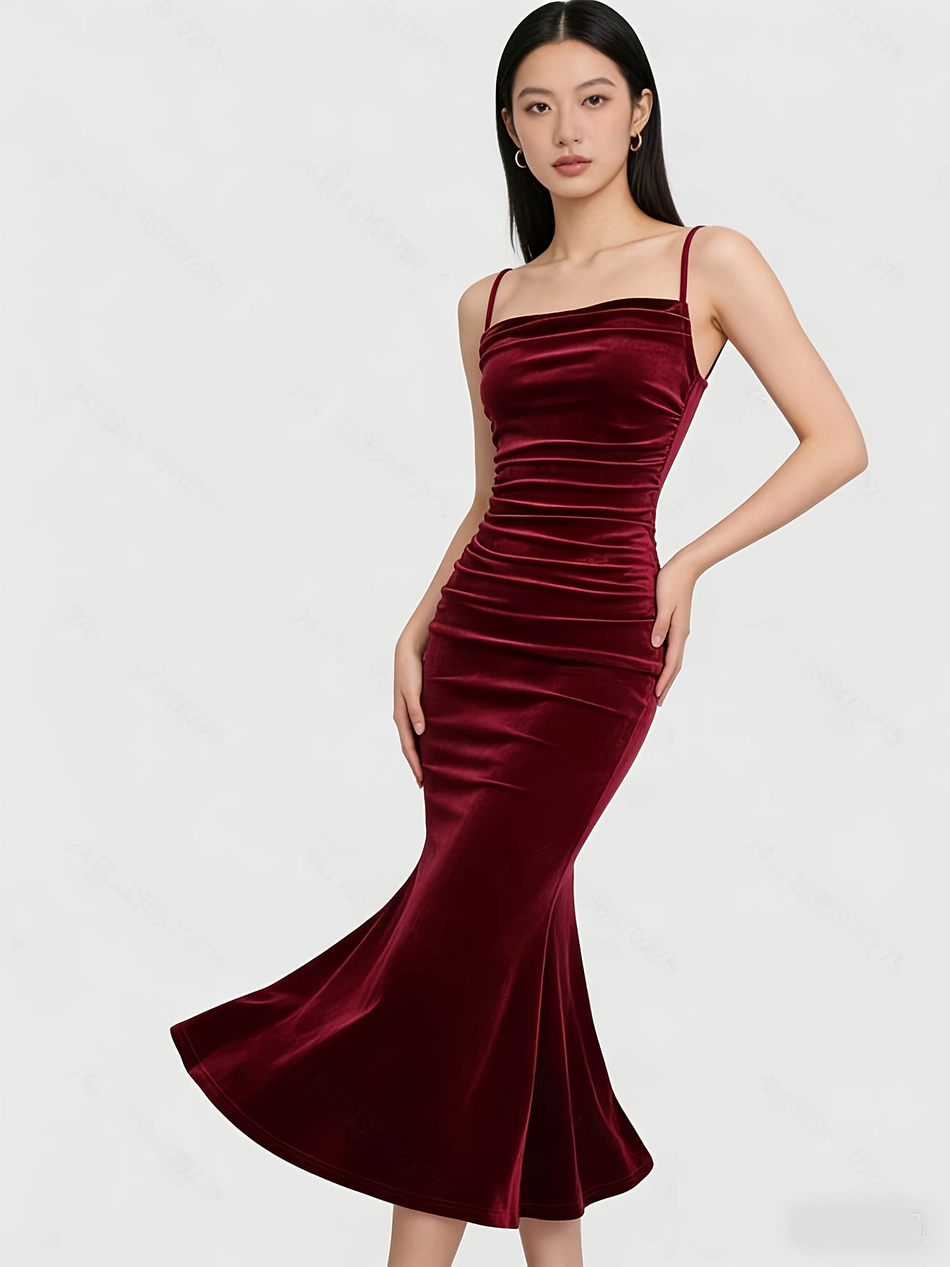 dark red fitted dress Dark Red Lace Applique Jersey Spaghetti Strap Mermaid Prom Dresses.PD0 –  AlineBridal main image 1