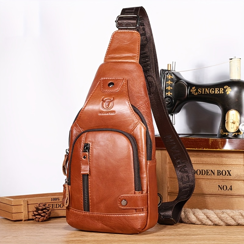 

Men's Genuine Leather Sling Bag - Multi-functional Large Capacity Chest Pack With Multiple Zippered Compartments, Brown Cowhide Crossbody Bag For Casual & Travel Use