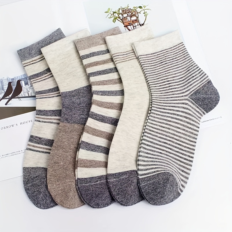 Image of 5 Pairs Men's Striped Socks - Odor Resistant, Sweat Absorbing, Breathable, Comfortable Round Neck Socks For Casual Wear, Spring And Summer.