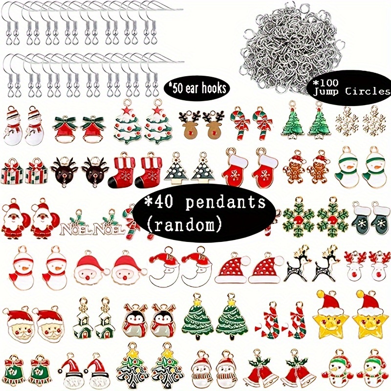 Image of 190pcs Christmas Themed Pendant And Ear Hook Set, Including 40 Pendants (20 Pairs), 50 Ear Hooks, And 100 Jump Rings For Diy Christmas Jewelry, Necklaces, Earrings, And Bracelets, Christmas Gift