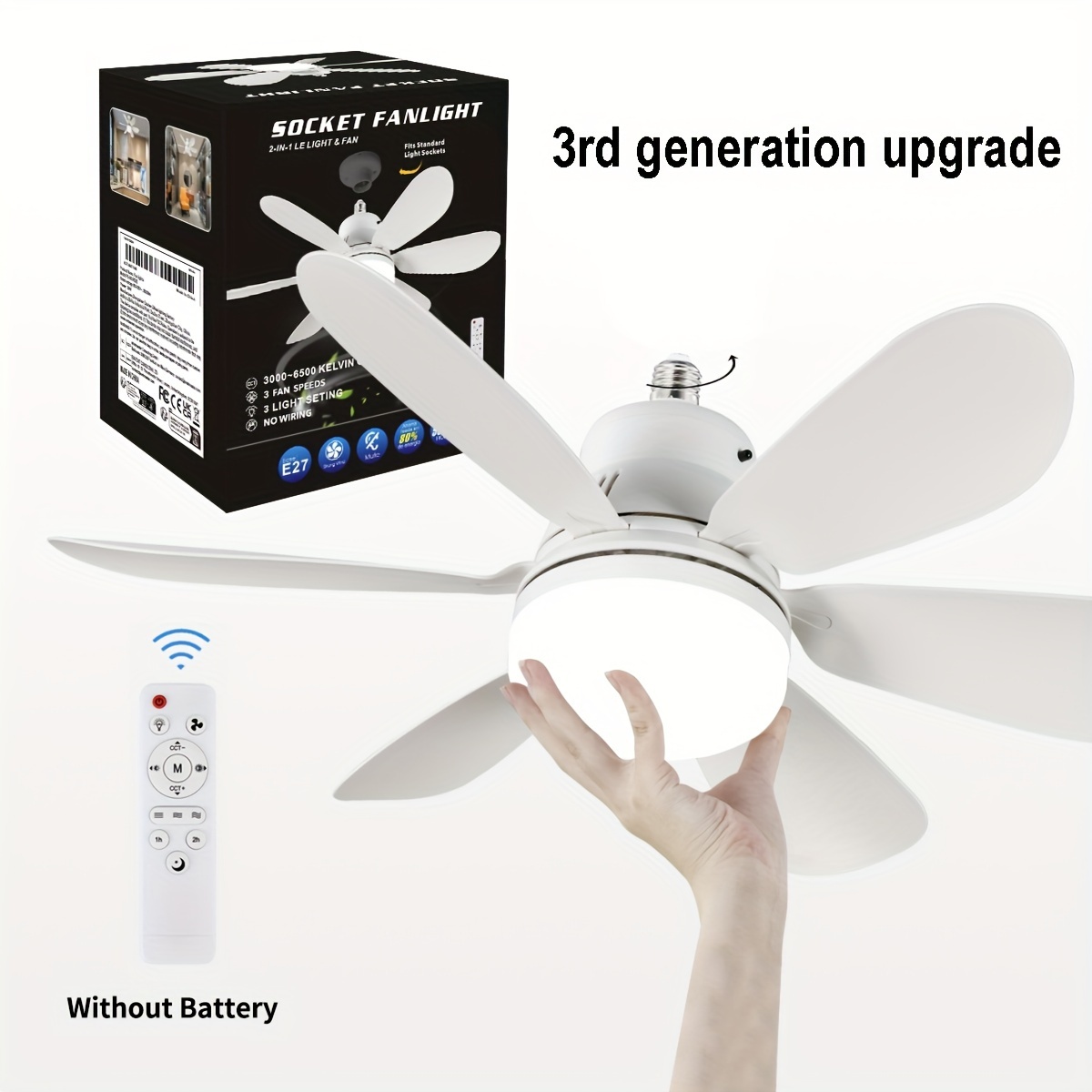 TEMU 1pc Multifunctional E26/e27 Socket Ceiling Fan, Noiseless Ceiling Fans Dimmable Led Lights, Small Light Bulb/ceiling Fan, Easy Install, Ideal For Bathroom, Bedroom, Kitchen, Living Room