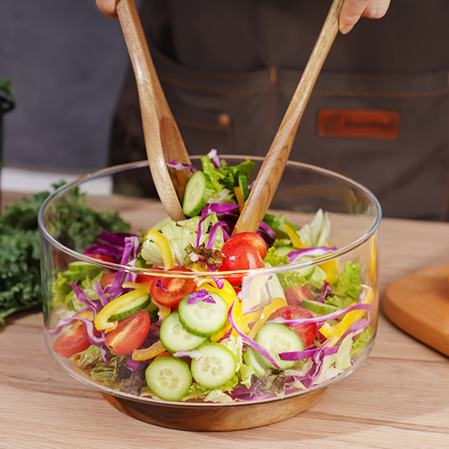 glass salad bowl acacia wood base tongs round Temu Sweden