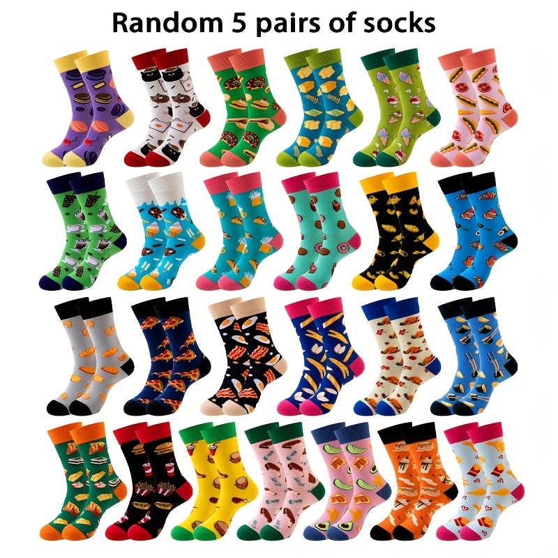 TEMU [new] Random 5/10 Pairs Women's Unisex Funny Food Socks For Men Women, Donut/pizza/fries Colorful Mid-calf Socks Gift Set, Suitable For Holiday