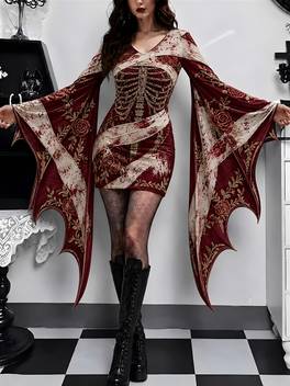 womens y2k burgundy cream mini dress with batwing sleeves v neck batwing dress suitable for halloween costumes themed parties autumn celebrations wrapping band rose print dress machine washable dress for photo shoots