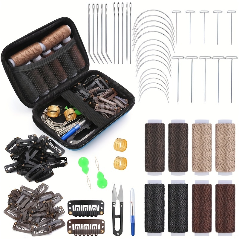 

Kit de Fabrication de Perruque à Extensions de Cheveux, 8 Rouleaux de Fil à Tisser avec 50pcs de Pinces à Pression Métalliques, Aiguilles I/J/T/C et Sac de Rangement pour la Couture à de Perruques DIY