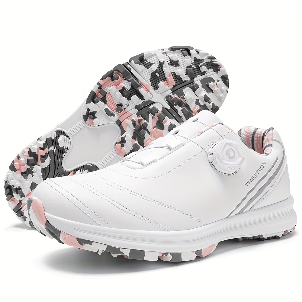 Women'S Professional Golf Shoes Anti-Slip Large Size 36-43, White  with Geometric Pattern, Durable PU Upper Rubber Sole for Outdoor Golf