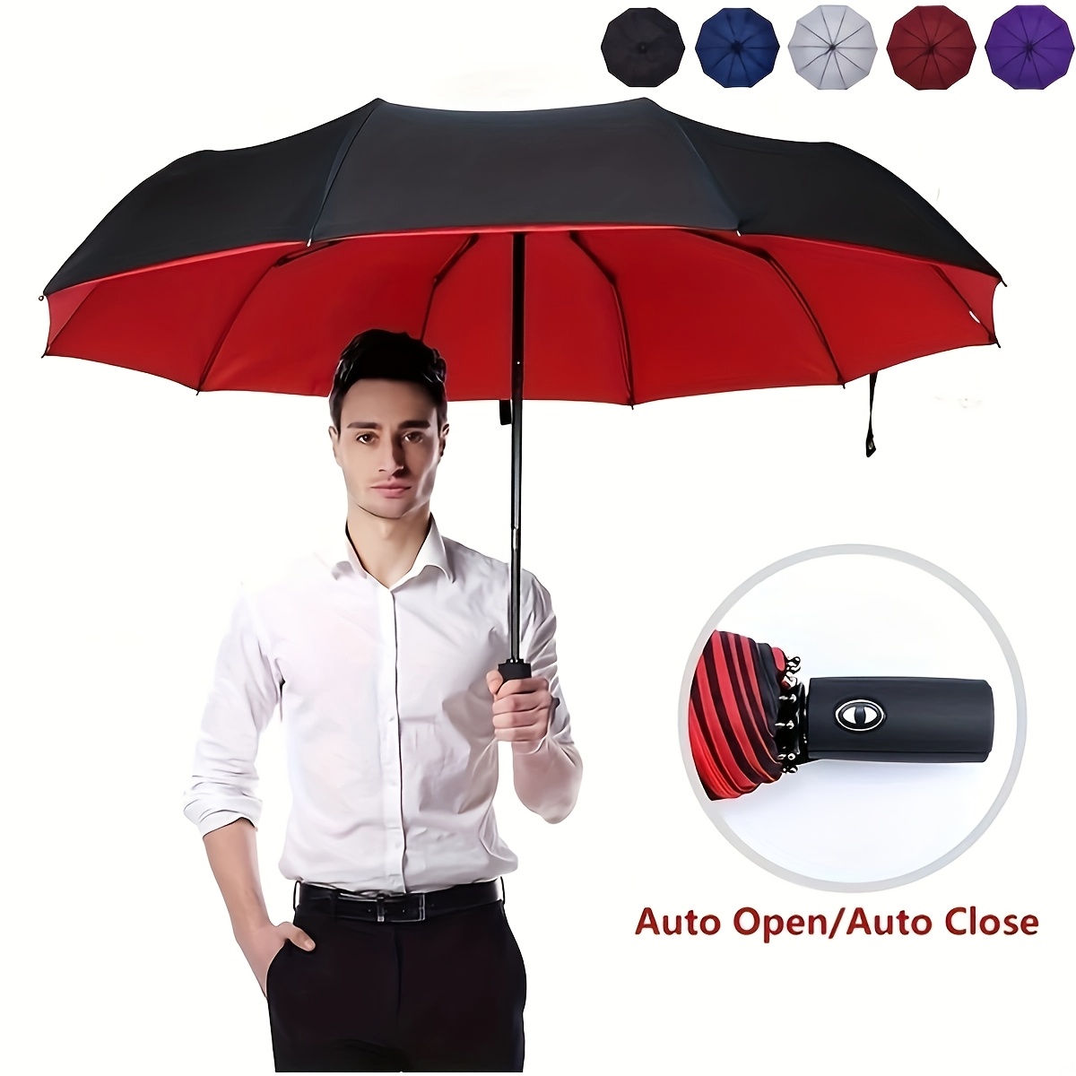 

1pc Automatic Umbrella With Uv Protection, 210t & , 10-rib Reinforced, Stainless Steel, Compact Folding Design, , Foldable, For