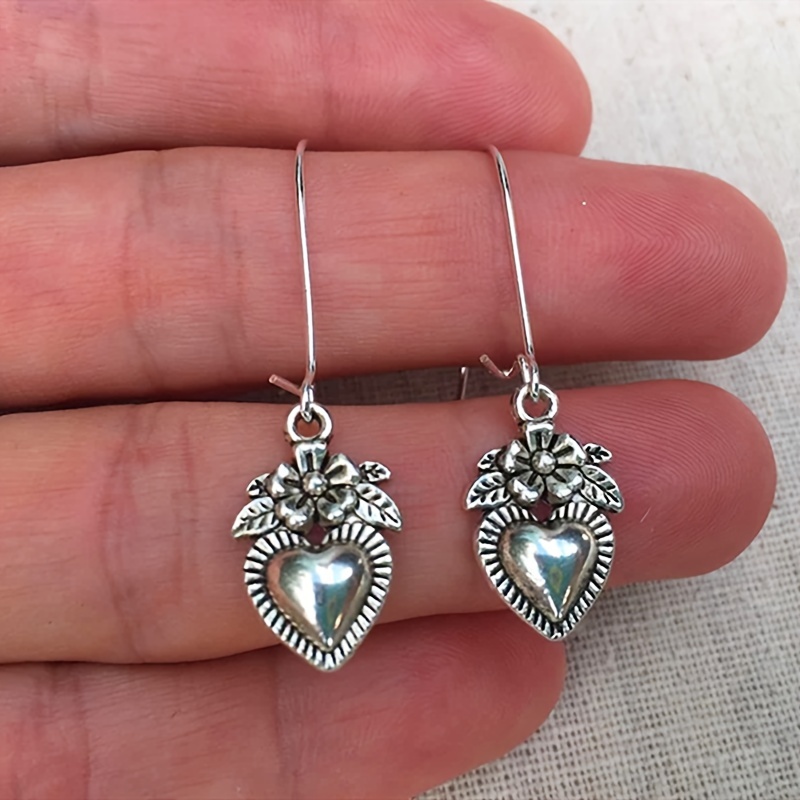 Women's Vintage Unique Silvery Heart Drop Earrings