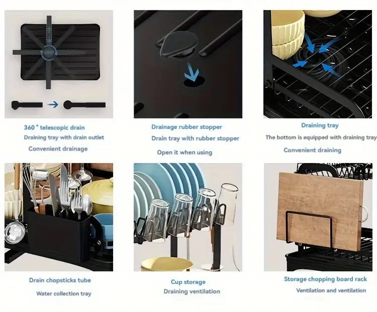 Support your kitchen with a spacious 2-tier dish drying rack, complete with a double dish rack, cup holder, cutting board, and black utensil organizer. Perfect for keeping your above sink kitchen countertop organized and efficient. détails 3