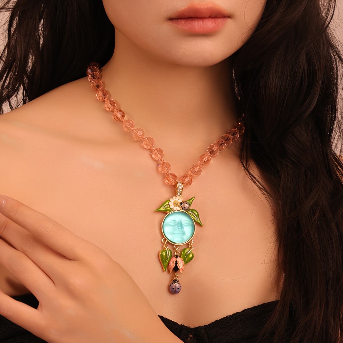 Vintage Enamel Drop Necklace with Rhinestone Accents