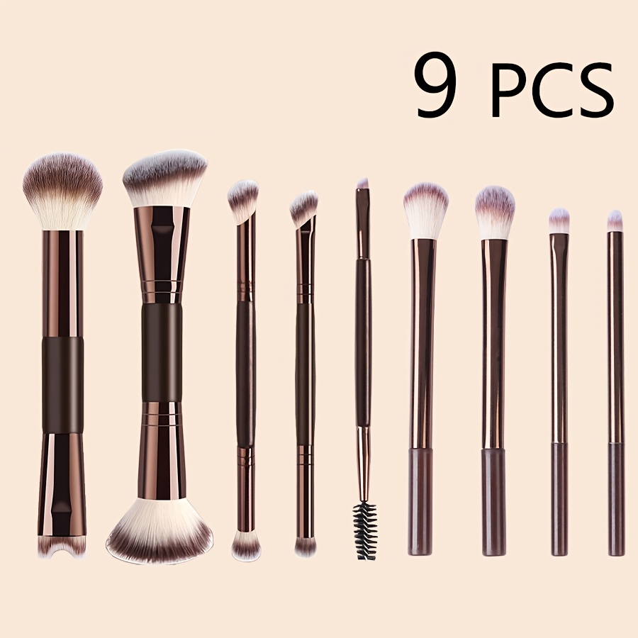 TEMU Set de 9 brochas de maquillaje, cerdas densas, mango de aleación de aluminio, para todo tipo de piel
