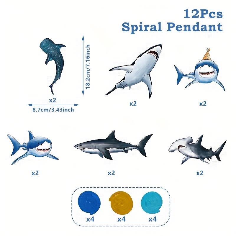 TEMU Set Of 12, Decorative Ornaments, Spiral Pendant, Shark Patterned Paper Pendant, Shark-themed Party Decor, Ocean-themed Party Decor, Birthday