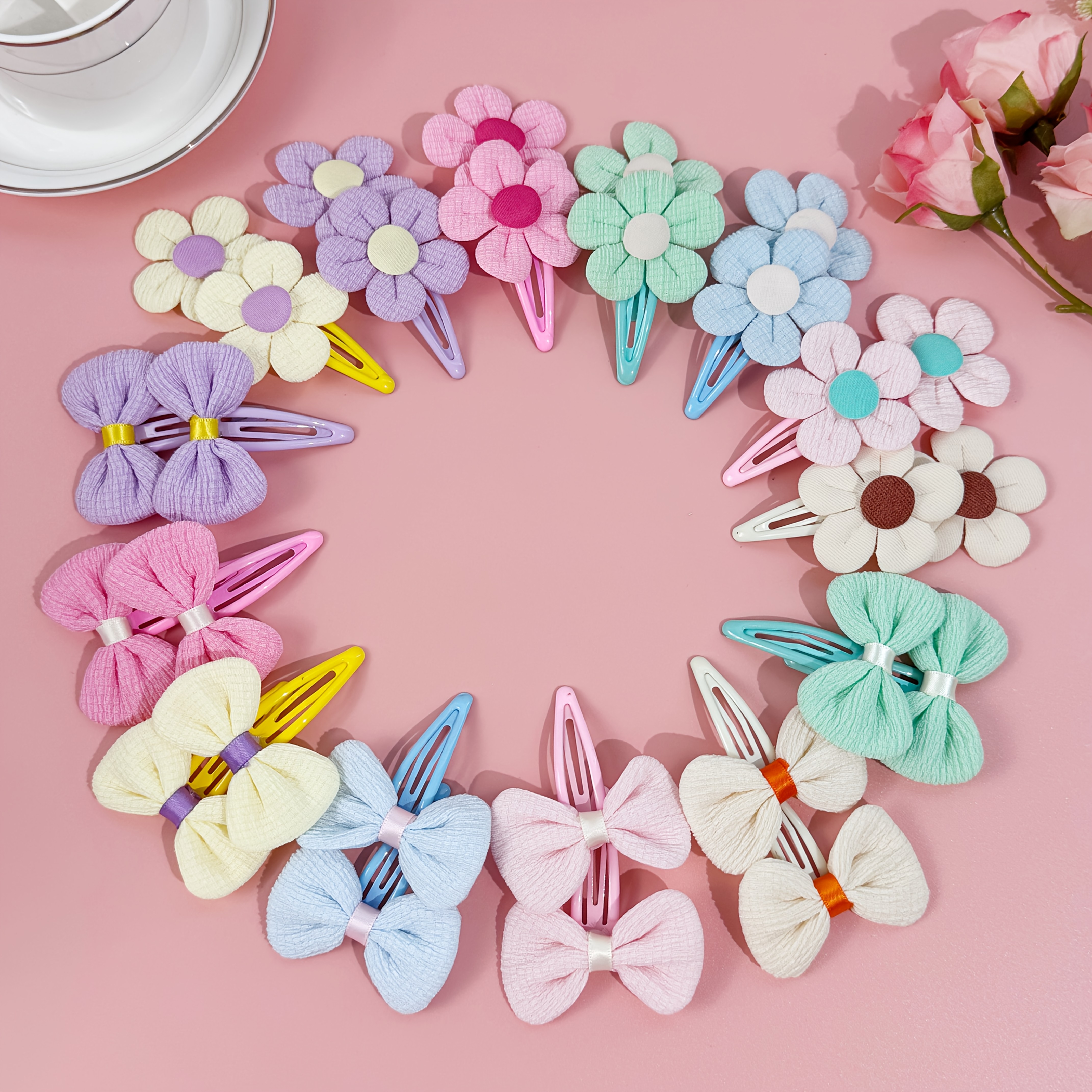 TEMU 28 Horquillas para el cabello con flores de tela y pinzas de fáciles de usar, adiciones de flequillo lateral elegantes y