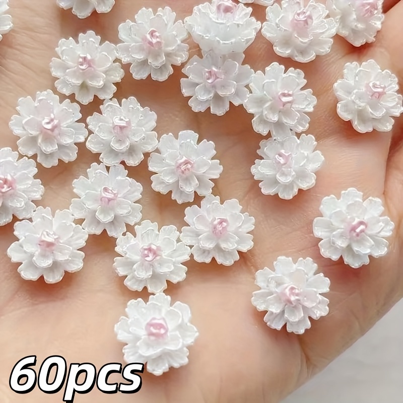 E-shop 60 Stück Weiße Blumenperlen, Kein Loch, Flache Rückseite Harz Blumen Pailletten, für Bastelarbeiten, Haarspangen, Stirnbänder, Handyhülle