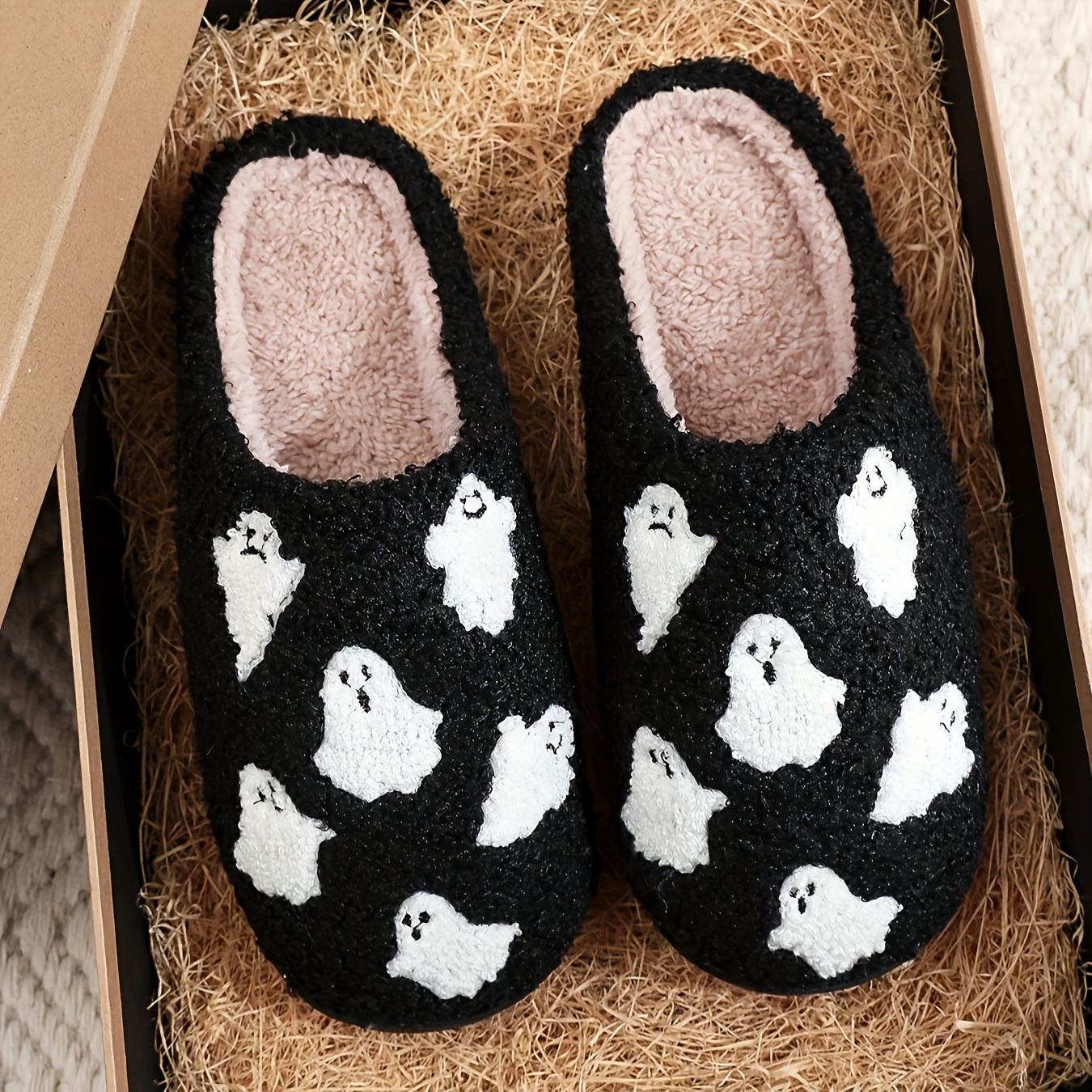 Halloween Pattern Slippers, Casual Plush-lined Shoes, Comfortable Indoor Home Slippers, Women Shoes