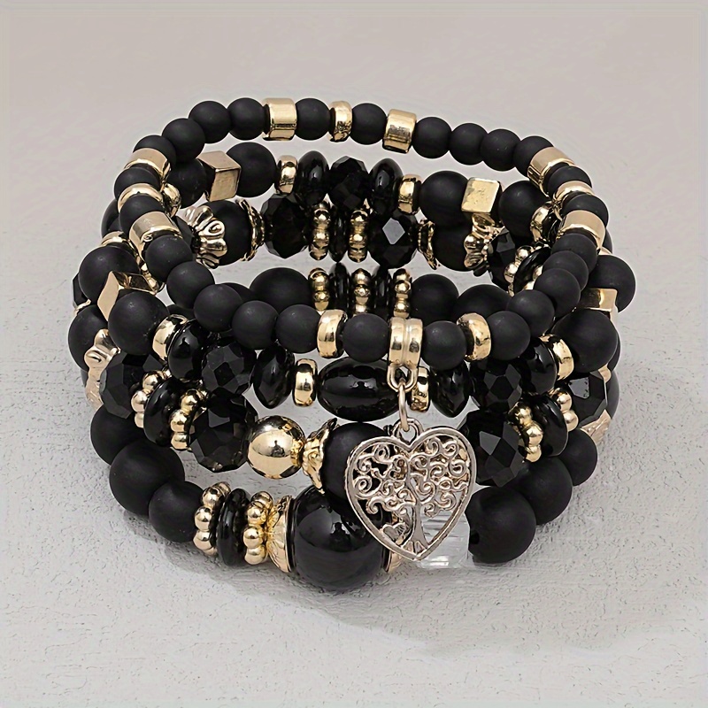 TEMU New Bohemian Ethnic Style Multi-piece Set, Acrylic Frosted Texture Colorful Rice Bead Bracelet Set, Heart-shaped Life Tree, Stackable Bracelets,