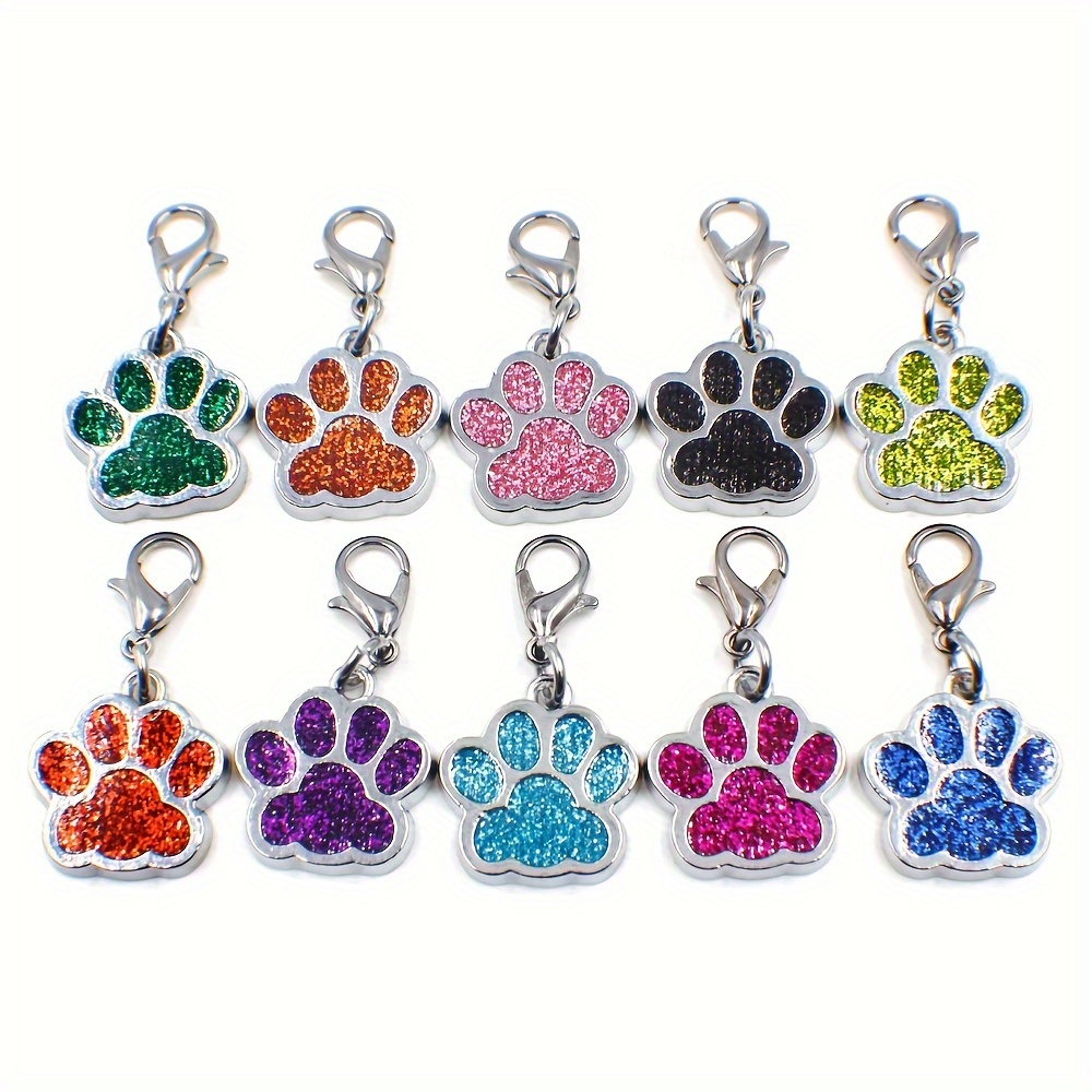 

10pcs Paw Shaped Dog Id Tag With Lobster Clip, Zinc Alloy Glitter Dog Collar Pendants, Pet Paw Name Charms For Collar Accessories