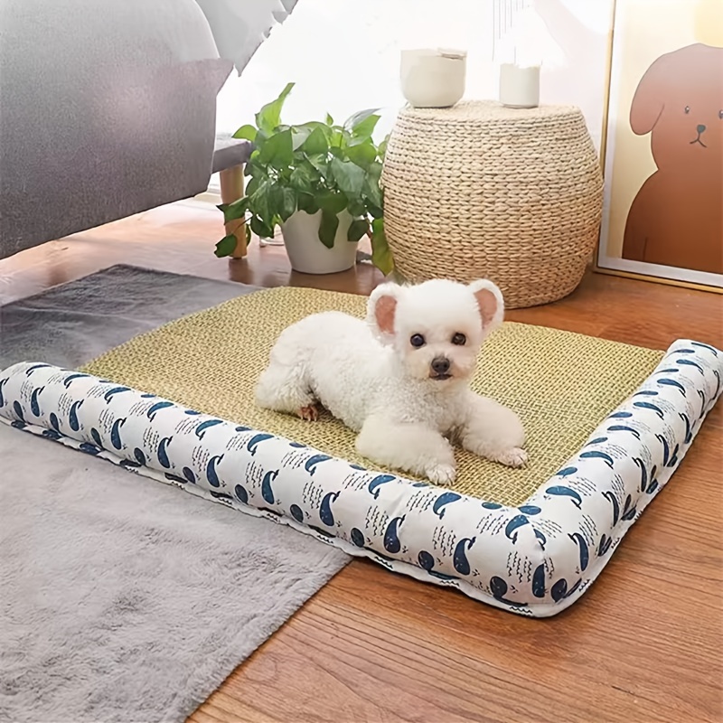 

Summer Dog Cooling Bed, Soft Dog Bed Mat, Rattan Woven Dog Cool Mat Cushion With L Shaped Pillow Design