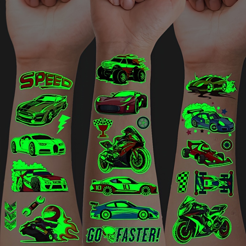 

12pcs Luminous Racing Car & Motorcycle Tattoos Stickers, Cool Glow-in-the-dark Motorbike Race Decals, Birthday Party Favors, Race Car Themed Party Decorations For Music Festival