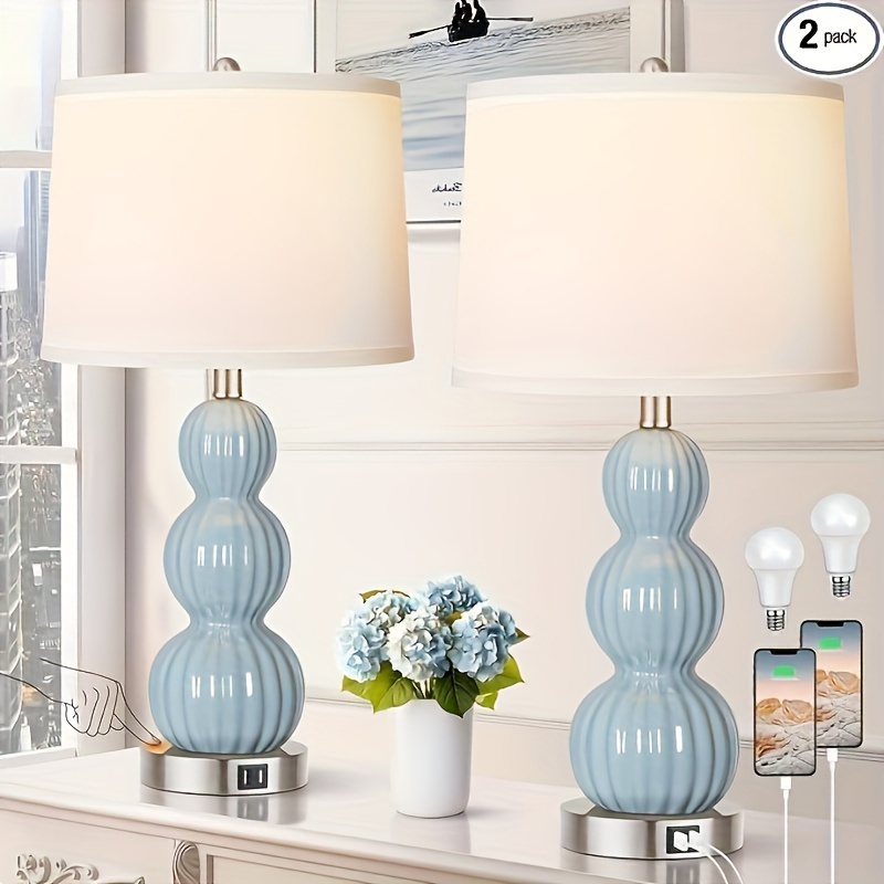 

Table Lamps For Bedroom Set Of 2, 26.5" Bedside Lamps For Living Room With Usb Ports Touch Control, Modern Blue Ceramic Nightstand Lamp Home Decor Led Bulb Included, Suitable For And Christmas