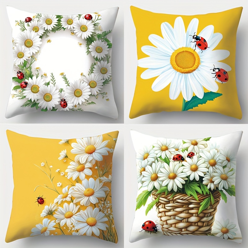 

4-pack Contemporary Style Daisy Pillowcases, 17.7x17.7 Inches, Single-sided Print, Yellow , Polyester, Zipper Closure, Hand Wash Only, Sofa Cushion Covers For Living Room Decor