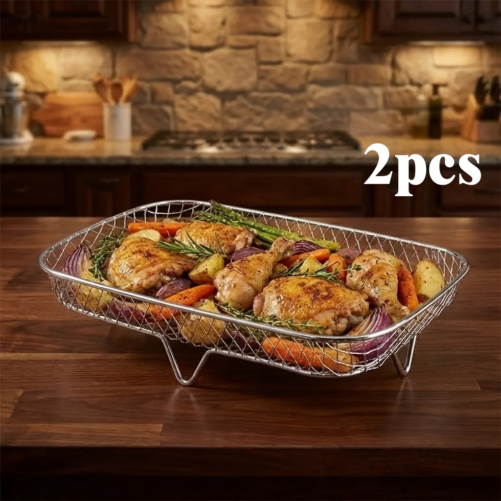 TEMU 2pcs Rectangular Air Fryer Rack, Multi-functional Fry Basket Accessory, Stainless Steel Stackable Rack, Suitable For Baking And Grilling,