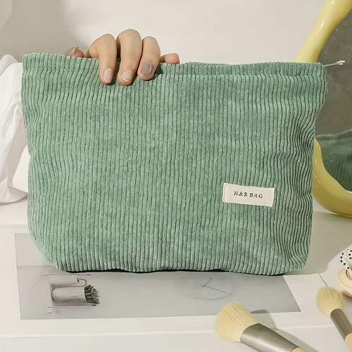 1 spring corduroy clutch makeup bag stylish casual large capacity portable zipper cosmetic bag essential travel and vacation makeup bag suitable for sanitary napkins panty liners wired headphones earplugs headphones