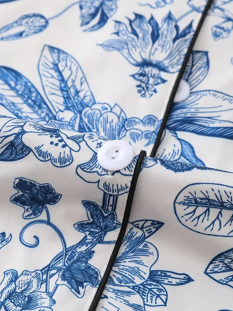 three piece womens elegant polyester pajama set fabric comfortable for short sleeved button top matching shorts and pants with full body printing and pocket details suitable for adult pajama set Product details 4