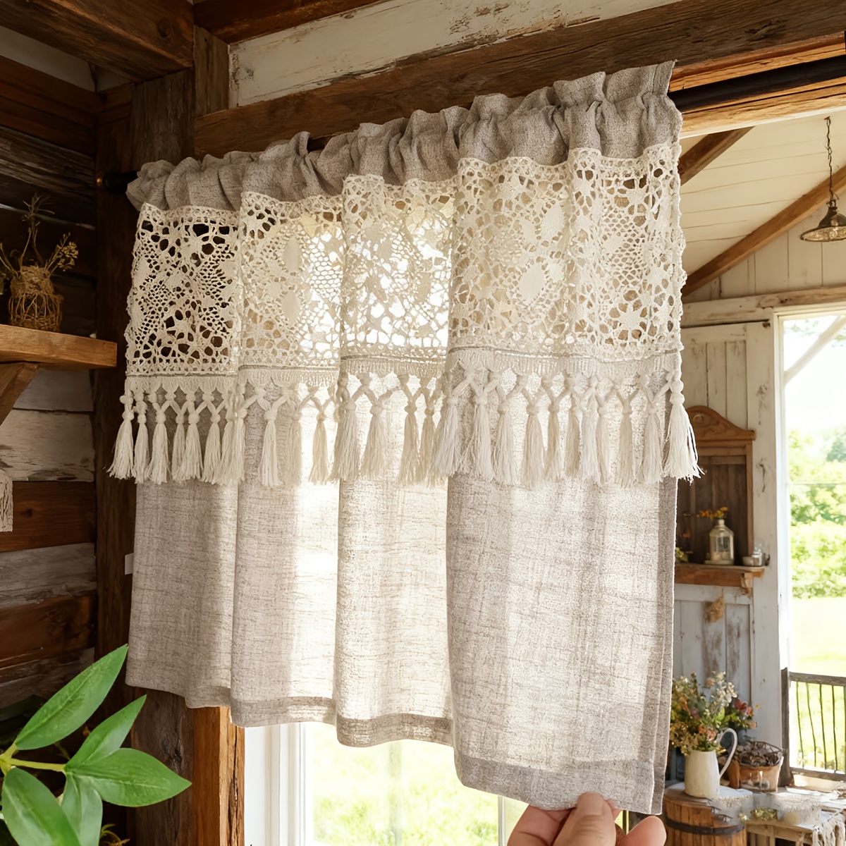 Image of 1pc, Bohemian Style Hollow Crochet Lace Short Curtain, Rod Suitable For Kitchen, Living Room, Door, Home Decor For Farmhouse, B&b