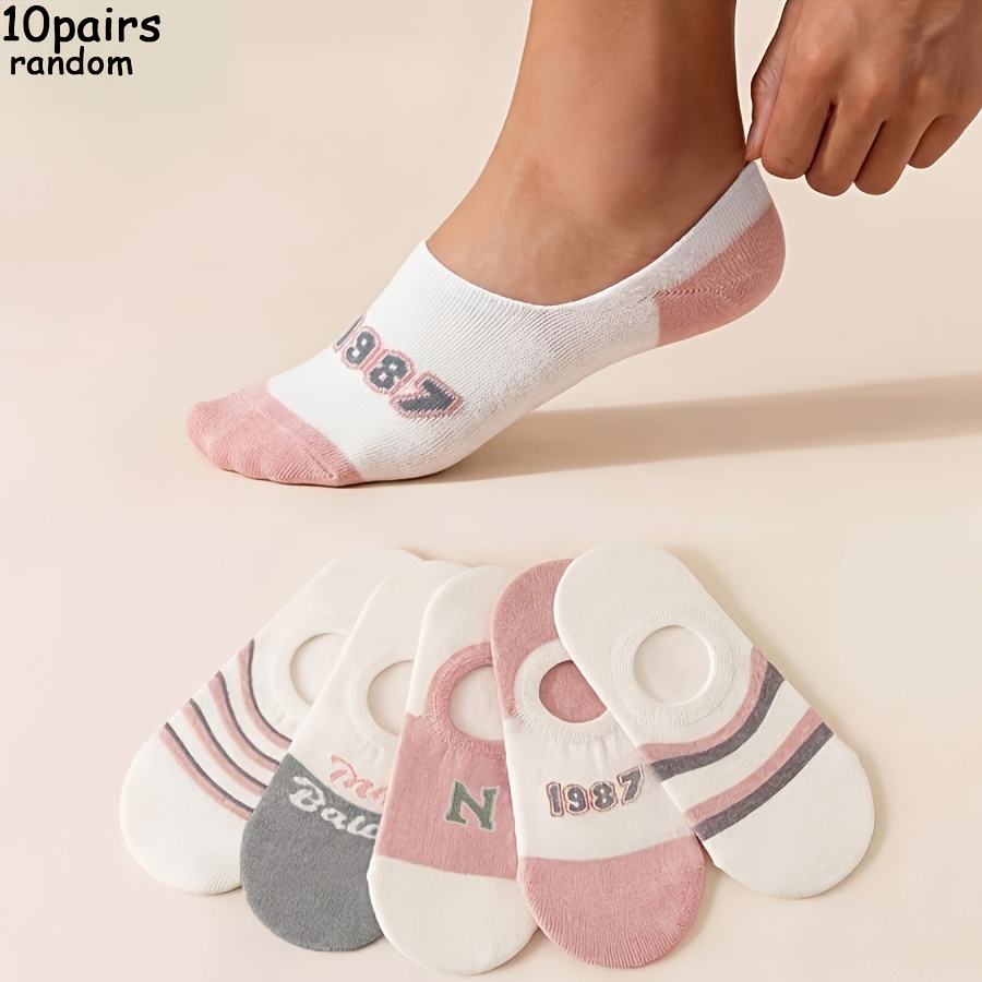 TEMU 10-pair Women's Boat Socks With Jacquard - Soft Comfortable Suitable For & Women, Random Styles (numbers, Letters, -z), Machine Washable Casual