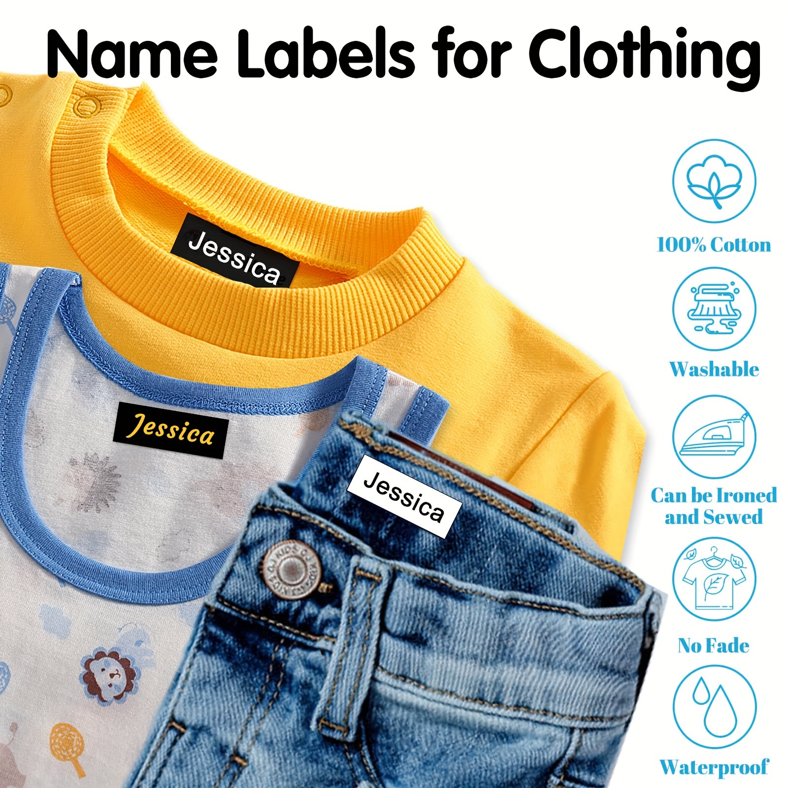 

36/64/100pcs Clothes Name Stickers Can Be Ironed On Clothes And Washable Labels, Customized Personalized Washable Sewing/iron Name Tags, Suitable For Uniforms, Hats, Socks, Sweat Towels, School Bags