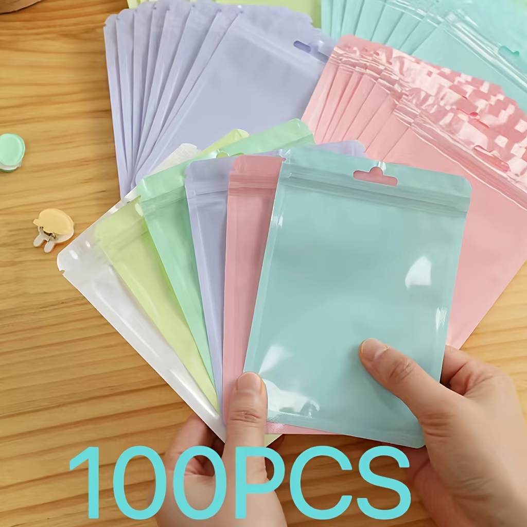 

100pcs, Macaron Inner Print Colorful Bone Bag, 1 Side Macaron Blue 1 Side Transparent Self Sealing Bone Bag, Jewelry Jewelry Trinket Bag, Candy Bag, Watch Plastic Bag