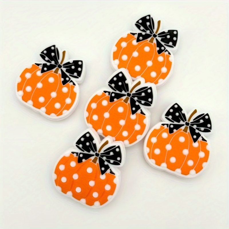 TEMU 2/5pcs Of Silicone Beads, Halloween Festive Atmosphere Silicone Beads, White Dot Black Bow, White Dot Orange Pumpkin Beads, Suitable For Making,