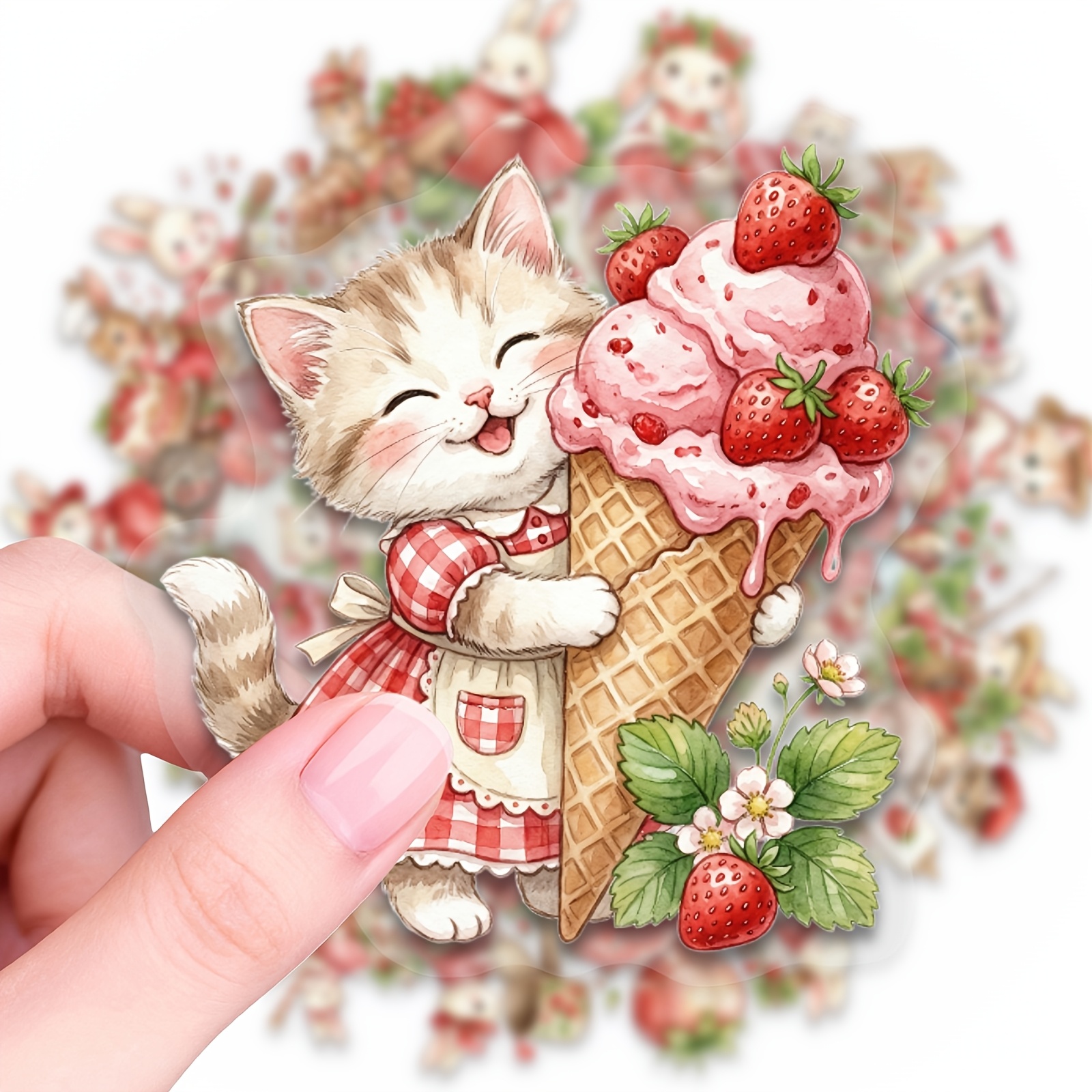 50pcs Strawberry Cat Stickers, Strawberry Quirky Fun Series Aesthetic Stickers Pack, Perfect For Decorating Laptop, Water Bottle, Phone, , Journal, Bumper, Skateboard, Motorcycle, Luggage, Etc