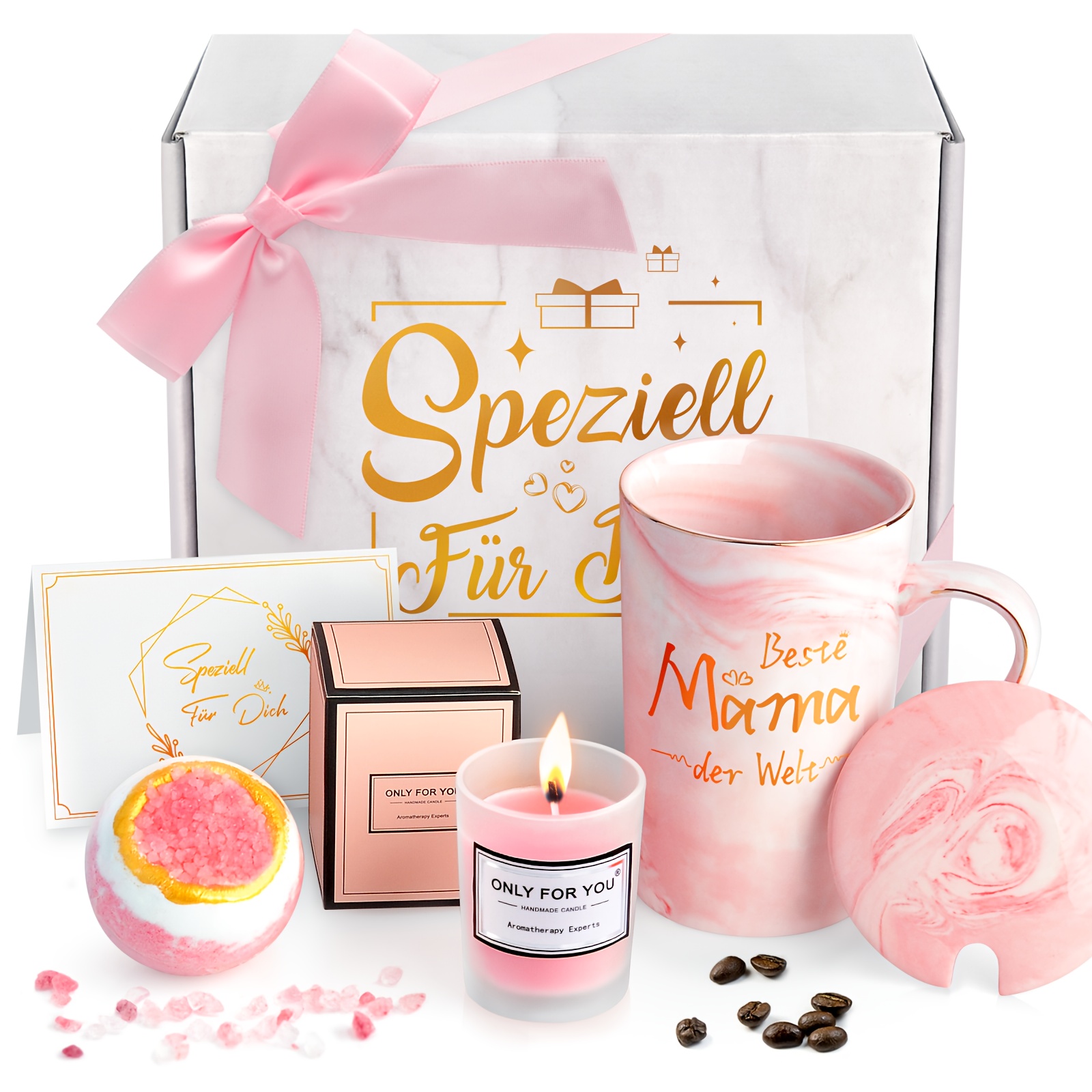 TEMU 5pcs Luxury Set For Mom - Elegant Pink Marbled Mug & Bath With " Der Welt" ( Ever) Lettering,, Bath Salts & - Cup Collection, Ized For Birthdays