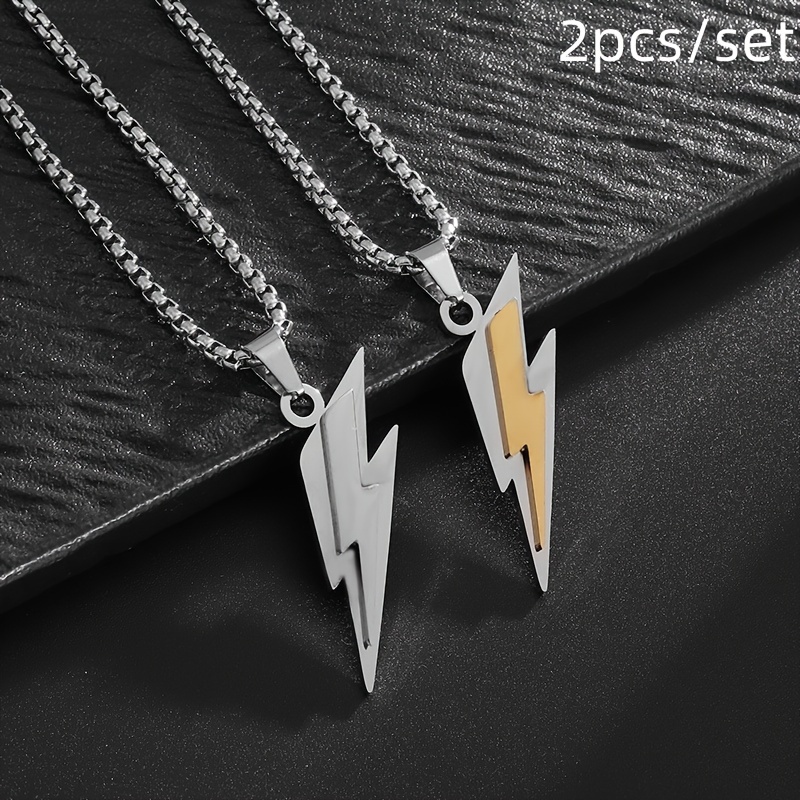 

2pcs/set Stainless Steel Double Layer Lightning Pendant Necklace For Men And Women Hip Hop Rock Jewelry Gift